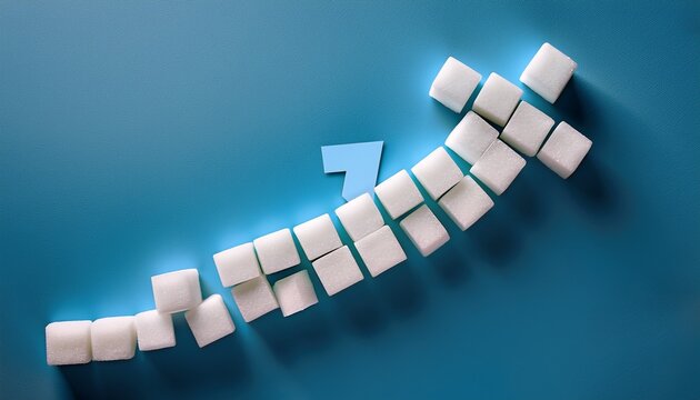 sugar cubes form an upward arrow symbolizing rising glucose levels and insulin resistance