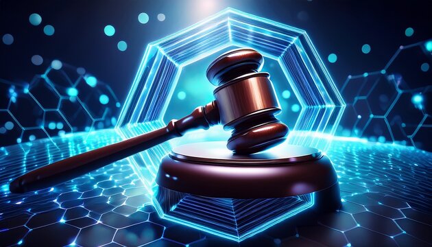 close up of a wooden judge gavel resting on a sound block with futuristic hexagonal digital patterns and glowing dots in the background suggesting law and technology connection