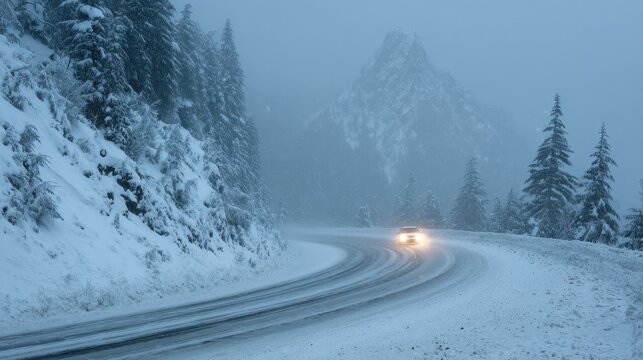 Snowstorm on a winding mountain road with a lone vehicle in a remote pass