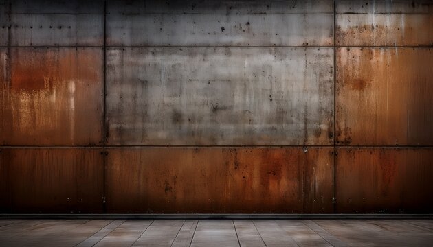 empty industrial textured concrete wall with rust stains vertical seams and worn floor edge conveying a moody weathered atmosphere