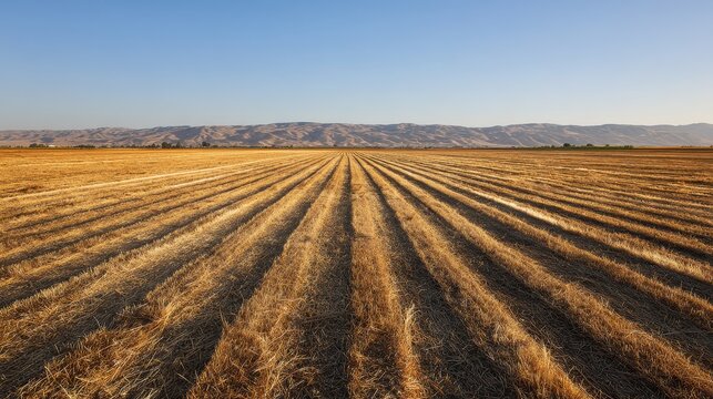 Wide field of golden hay with pronounced furrows and textured ground lines
