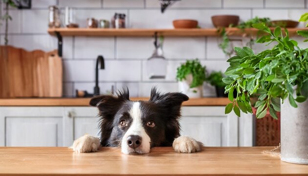 border collie dog peeking over table in modern kitchen with wooden cabinet and houseplant interior