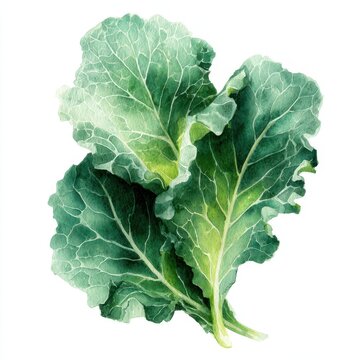 Watercolor illustration of a fresh green kale leaves bunch