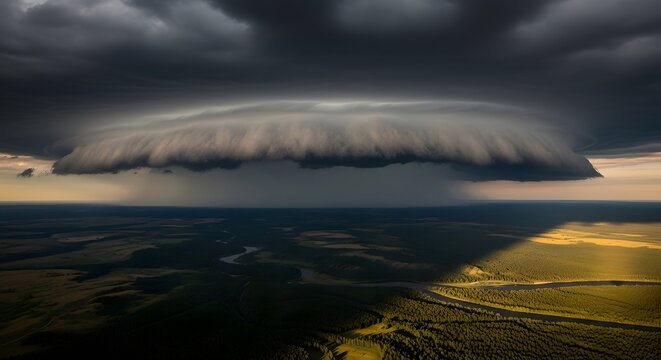 Dramatic shelf cloud stretches across vast open landscape, dark storm approaching over winding river and lush forests, powerful weather phenomenon creating striking contrast between light and shadow.