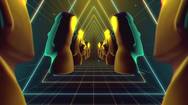 Endless tunnel of monolithic Moai statues leading towards a blinding golden light. A mystical, seamless VJ loop for stage and screen backdrops