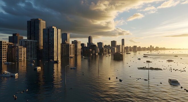 Flooded city skyline showing dramatic rising water levels submerging tall residential apartment buildings.