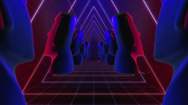 Endless tunnel of monolithic Moai statues leading towards a blinding golden light. A mystical, seamless VJ loop for stage and screen backdrops