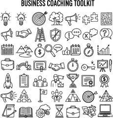 Obraz premium Business Coaching Toolkit Icon Set: Line Art Illustration for Training, Mentoring Leadership Development