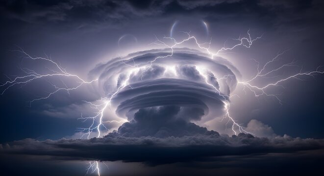 Majestic supercell storm cloud with powerful lightning strikes illuminating dark dramatic sky during extreme weather event showing swirling vortex formation and electrical atmospheric discharge art.