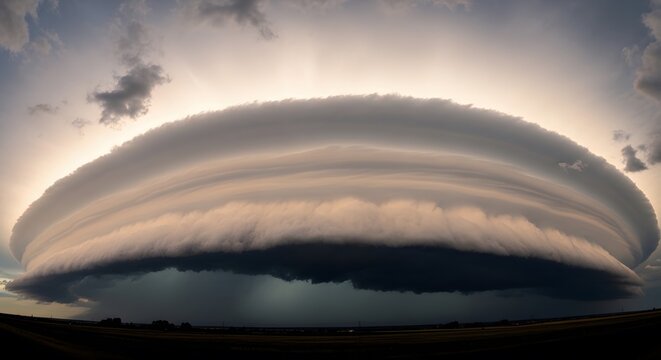 Epic supercell thunderstorm cloud with massive shelf formation looming over flat landscape at sunset showing dramatic meteorological structure and powerful storm chasing perspective in vast fields.
