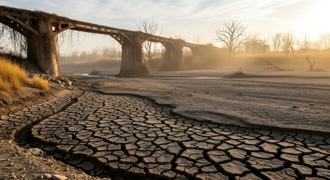 Dry riverbed with cracked earth under an old bridge, symbol of severe drought and water scarcity, environmental crisis, global warming effects, climate change impact, desolate landscape.