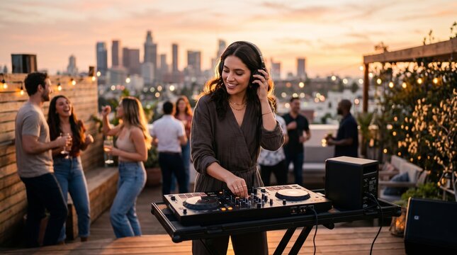 Female DJ performing on rooftop deck with city skyline in background during sunset, people socializing and enjoying drinks in the foreground