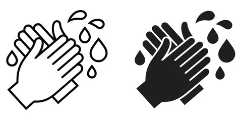 Obraz premium Wash hands icons in black glyph and line styles representing hygiene practice, hand cleaning, sanitation process, health protection, infection prevention, and personal care