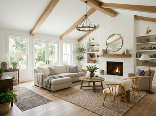 Naklejka premium A white modern farmhouse living room with shiplap walls and white oak beams on the high ceilings and cozy furniture sits around a white fireplace.