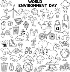 Obraz premium World Environment Day Doodles: Hand-drawn Collection of Nature, Animals, Sustainability, Recycling Eco-Friendly Elements