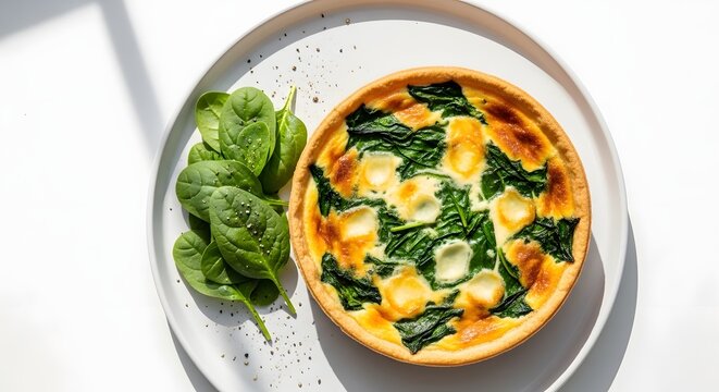 Savory homemade spinach and cheese quiche, a healthy baked tart, served on a white plate with fresh greens under natural sunlight, ideal for a quick meal
