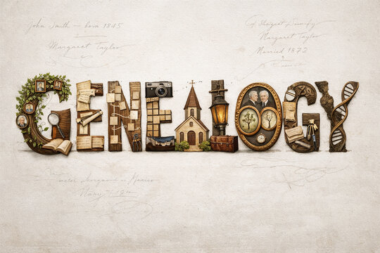 the word Genealogy spelled out in objects of the subject on a light textured background