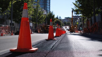 Naklejka premium Row of orange traffic cones marking fresh asphalt on a city road construction site