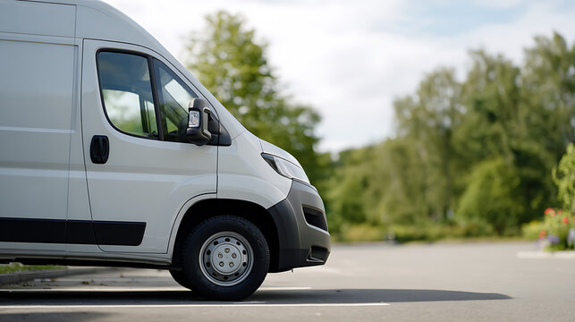Side view of a modern white delivery or transport van parked in an empty outdoor lot on a bright day, blurred green trees in background