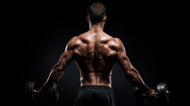 Rear view of a muscular male bodybuilder performing dumbbell exercises against a black backdrop