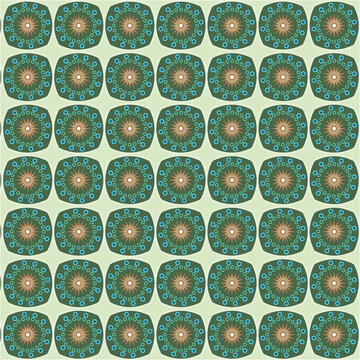 A pattern with a repeating motif reminiscent of stylized peacock feathers or mandalas. This type of fabric is known as peacock feather fabric.