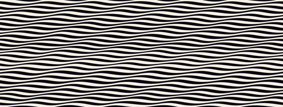 Op lenticular illusion and hypnotic white optical with wavy black art. Psychedelic swirly stripe and pattern wave line with deformation layout distort. Texture checkerboard ilusion.