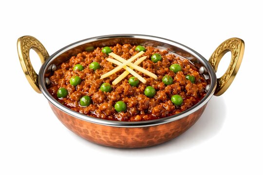 Keema matar indian dish in a traditional copper bowl with flavorful traditional restaurant homemade delicious appetizing gastronomy oriental