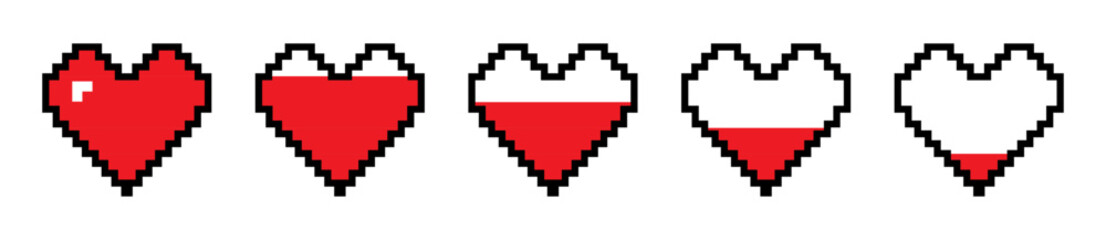 Obraz premium Pixel heart health bar set, Retro game life health damage indicator levels red and black color, Pixel art heart loading progress stages vector illustration