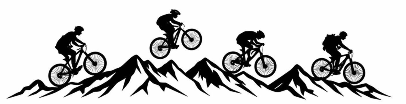 Dynamic flat vector showing multiple cyclists performing jumps over rugged mountains. Concept of extreme sport, adrenaline and challenge with bold black silhouettes on transparent background