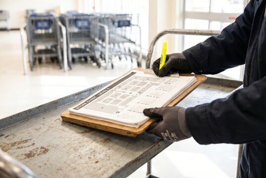Store employee holding a clipboard and marking a printed floor plan map with a highlighter