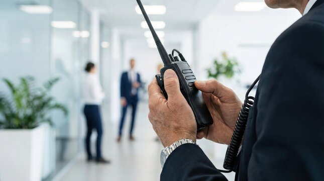 Security guard or manager holding a black two-way radio walkie-talkie in a modern office hallway