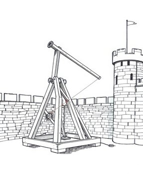 Detailed vintage drawing of a medieval siege machine beside merloned castle walls