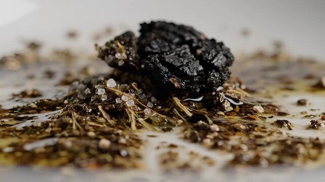 Closeup of dried herbs and spices with a dark charred element.