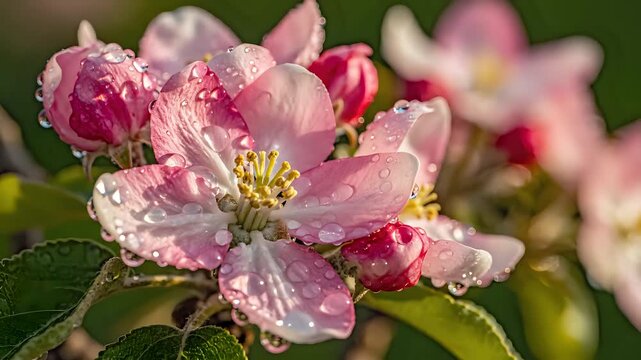 Closeup of delicate pink apple blossoms glistening with morning dew.