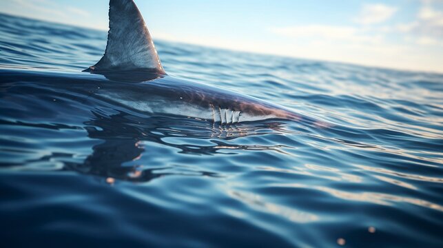 A photo of a shark's dorsal fin above water