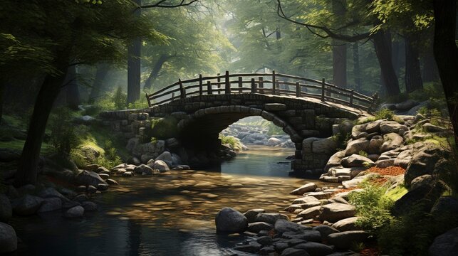 A photo of a small bridge over a creek