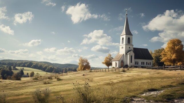 A photo of a small church in the countryside.