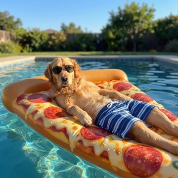 A golden retriever, sporting sunglasses and swim trunks, lounges on a pizza-shaped float in a vibrant pool on a sunny day