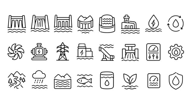 Hydroelectric Dam Hydropower Water Energy Icons - 24 Renewable Energy Vector Icons