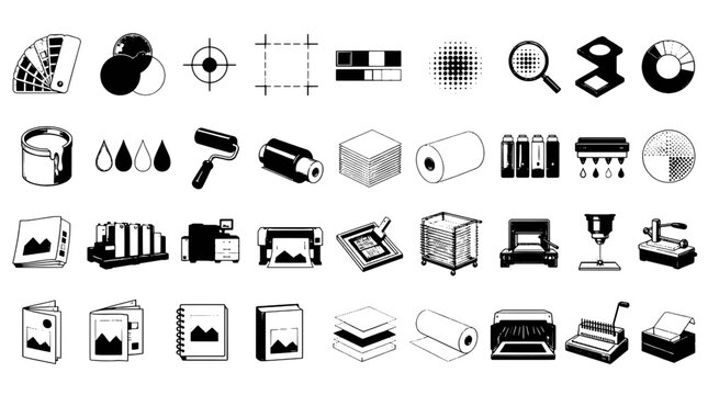 Die Cutting Binding Ciltleme Kesim Icons - 36 Print Industry Vector Icons for Design