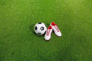 Naklejka premium Soccer ball and white athletic shoes with red accents placed on green artificial turf, showcasing sports equipment in a vibrant outdoor setting
