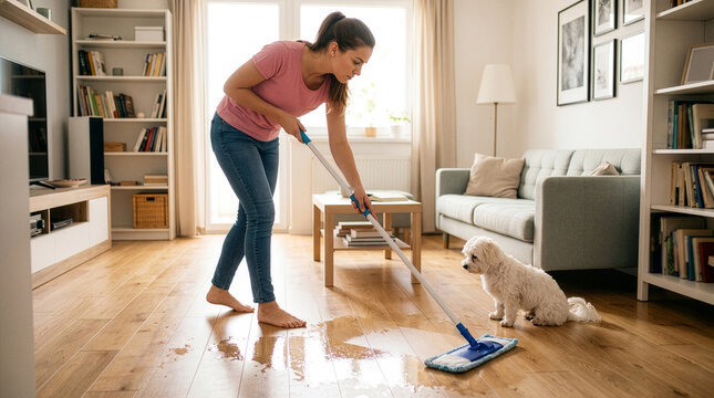 young woman mopping the laminate floor