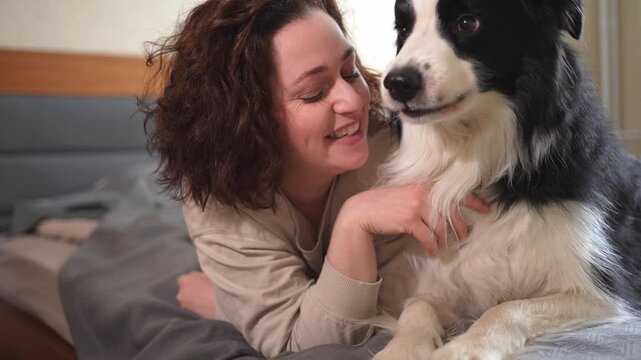 Smiling woman playing with cute puppy dog border collie on bed at home indoor. Owner girl stroking holding dog friend sitting on sofa in living room. Love for pets friendship support team concept