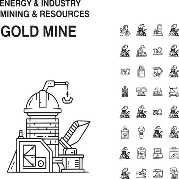 Gold mine industrial equipment illustration with miner safety gear and icons set
