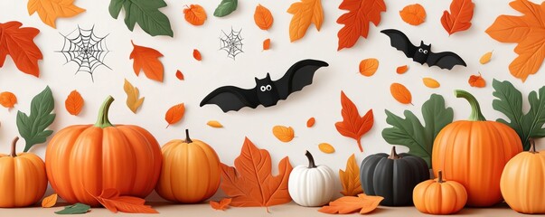 Obraz premium Festive Halloween pumpkins with bats, spider webs and autumn leaves in a cozy seasonal scene