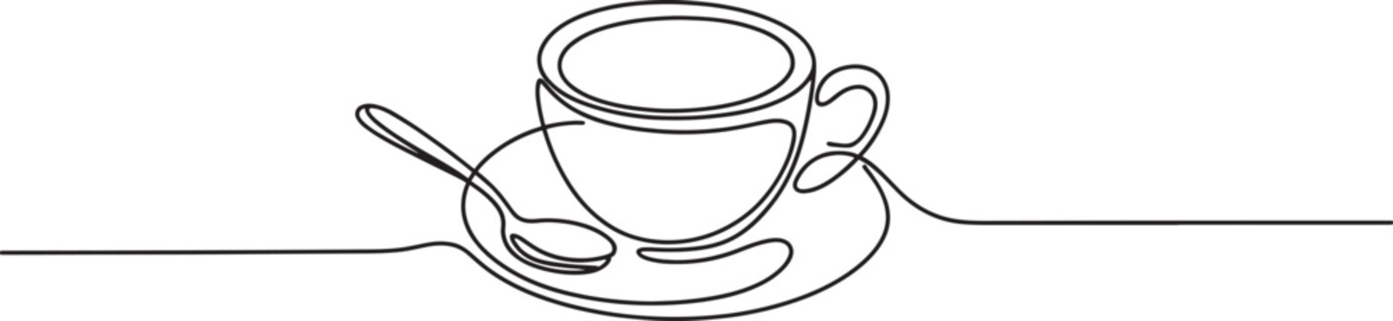 Coffee cup and saucer with spoon one line drawing isolated on gray checkered transparency background.