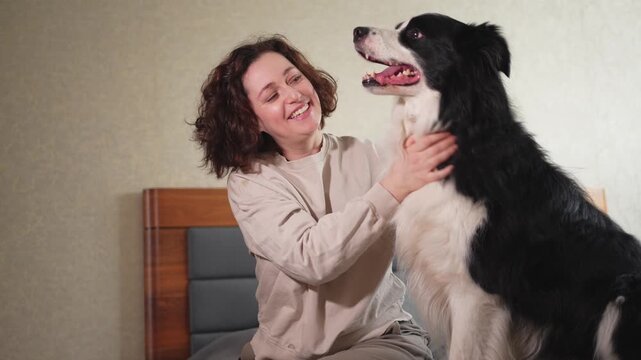 Smiling woman playing with cute puppy dog border collie on bed at home indoor. Owner girl stroking holding dog friend sitting on sofa in living room. Love for pets friendship support team concept