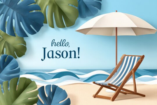 Hello Jason! Summer beach greeting with striped deck chair, umbrella and tropical leaves