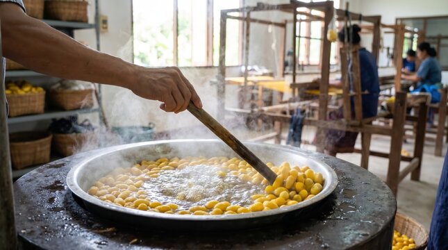 Worker using a wooden stick to stir and boil bright yellow silkworm cocoons in a large metal pan of hot water to extract silk threads