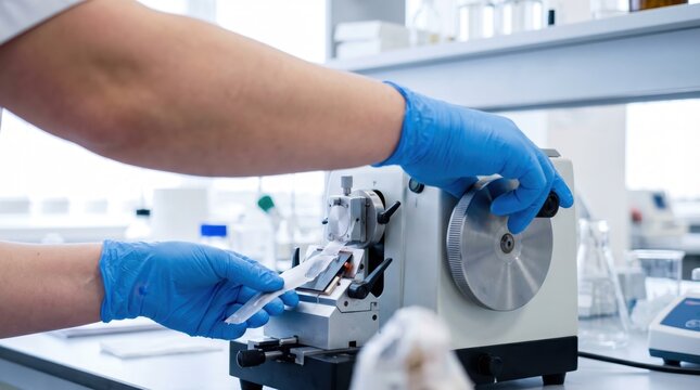 Laboratory technician hands wearing blue gloves operating a rotary microtome machine to cut thin slices of tissue specimens for microscopy